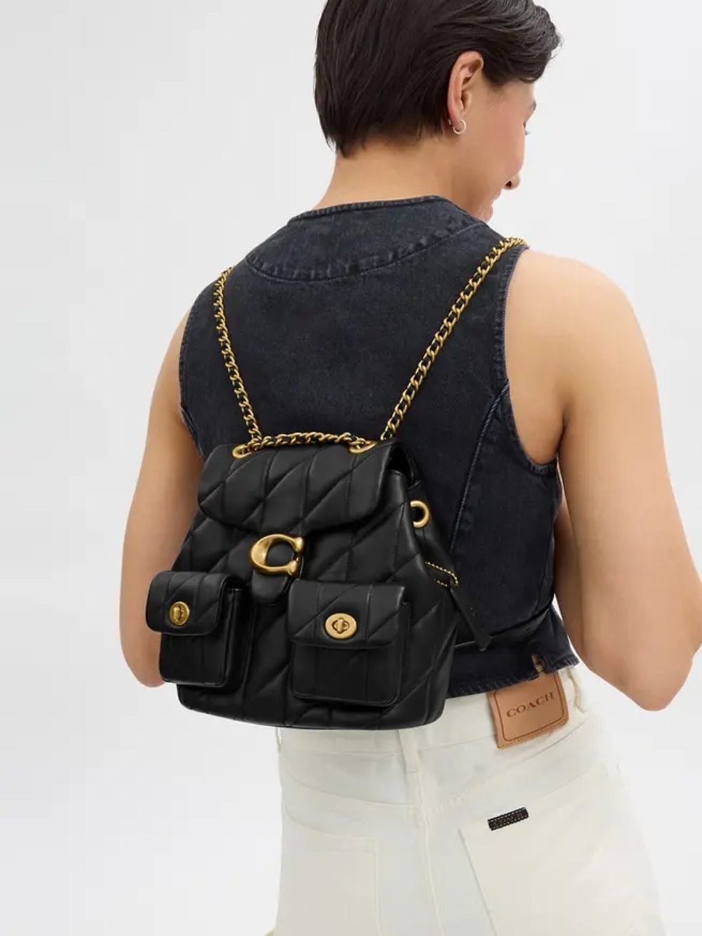 Coach Tabby Quilted Leather Drawstring Backpack Black with Brass Hardware
